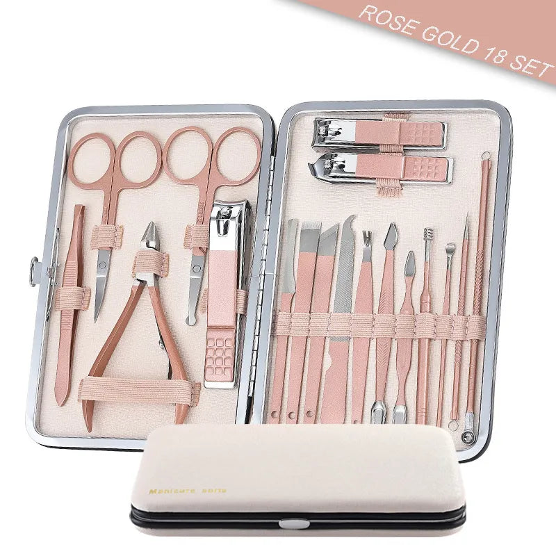 Luxury Manicure Kit: 10-Piece Pink & 18-Piece Red/Black & Gold/Pink Sets in Stainless Steel with Case