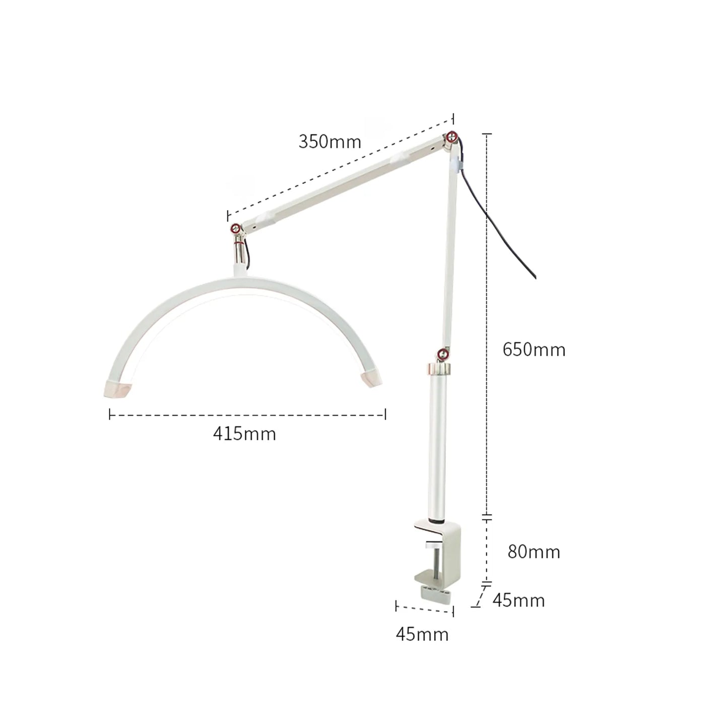 Professional Adjustable Manicure Lamp - 65+35cm Articulated Arm, 41cm Light Arc, Dual Intensity