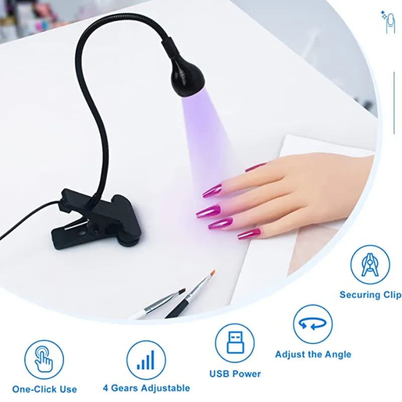 Compact LED/UV Nail Art Lamp with Spring-Loaded Table Clamp and USB Power - Perfect for Gel Tips