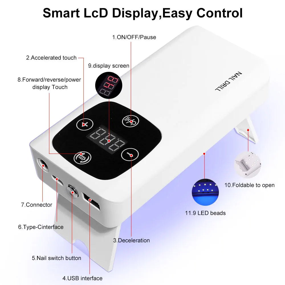 2-in-1 Portable Battery-Operated Nail Drill and Mini UV Lamp - 35000 RPM, 30W, Convenient Display, USB Charging and Power Bank Function